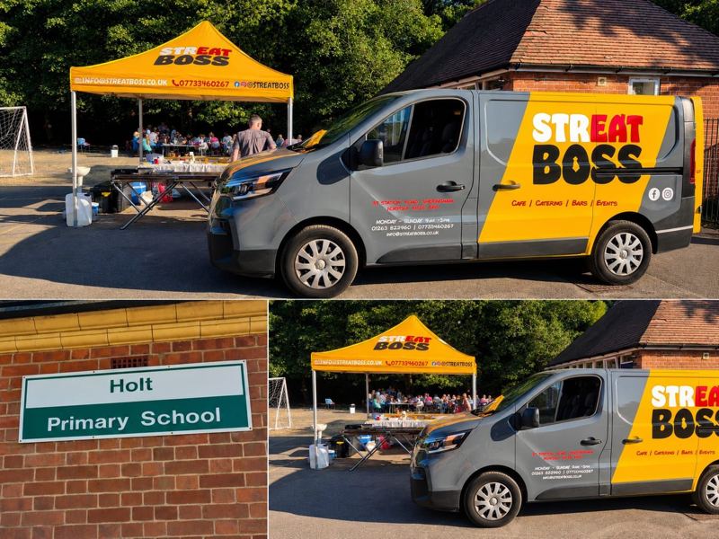 The Streat Boss van and gazebo serving families at Holt Primary School